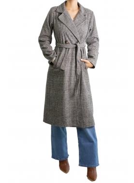 Cappotto a quadri lungo con due bottoni e cinta in vita